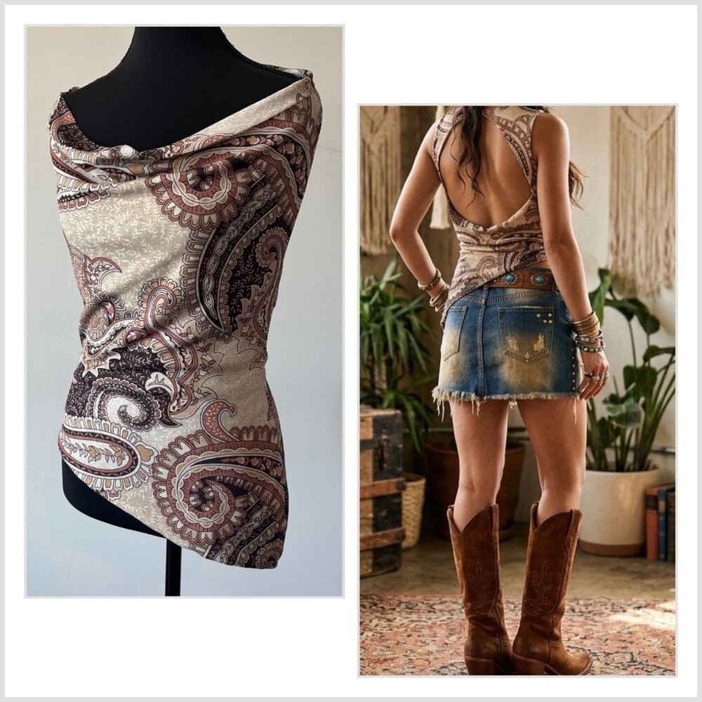 EGO Open Back Top Cowl Neck Blouse Women’s Size 8 Paisley Boho Western Shirt NWT